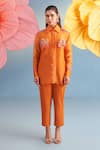 Shop_Parul And Preyanka_Orange Silk Organza Applique, Fabric Flowers Collared Lana Embroidered Shirt _Online_at_Aza_Fashions