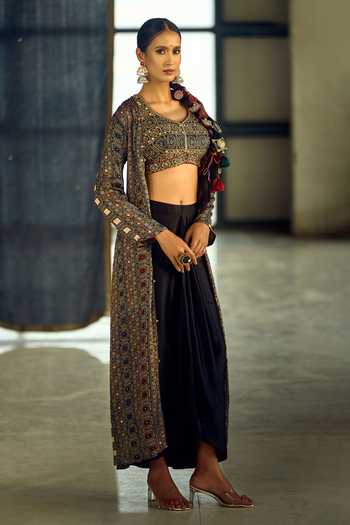 Samyukta Singhania_Multi Color Satin, Viscose, Modal Geometric Print Jacket Draped Skirt Set _Online_at_Aza_Fashions