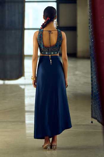 Samyukta Singhania_Blue Satin, Viscose, Modal Geometric Print Longline Jacket Dhoti Skirt Set 