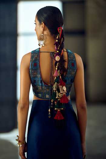 Samyukta Singhania_Blue Satin, Viscose, Modal Geometric Print Longline Jacket Dhoti Skirt Set 