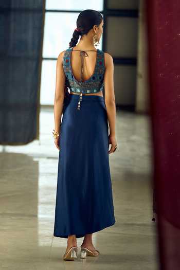 Samyukta Singhania_Blue Satin, Viscose, Modal Geometric Print Longline Jacket Dhoti Skirt Set 