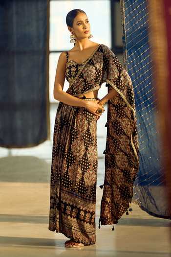 Samyukta Singhania_Black Satin, Viscose, Modal Embroidery Floral Print Pre-draped Saree With Blouse 