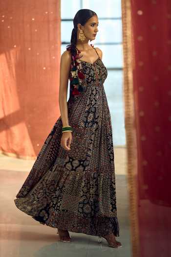 Samyukta Singhania_Blue Satin, Chiffon, Viscose, Modal Patchwork Printed Anarkali Palazzo Set _Online_at_Aza_Fashions