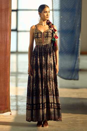 Samyukta Singhania_Black Chiffon, Satin, Viscose, Modal Printed Anarkali Set With Crop Jacket _at_Aza_Fashions