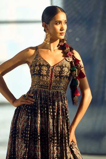 Samyukta Singhania_Black Chiffon, Satin, Viscose, Modal Printed Anarkali Set With Crop Jacket _Online