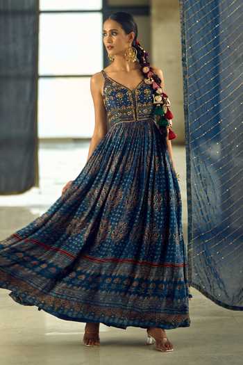 Buy_Samyukta Singhania_Blue Satin, Chiffon, Viscose, Modal Tassels Floral Stripe Print Anarkali Set _Online_at_Aza_Fashions