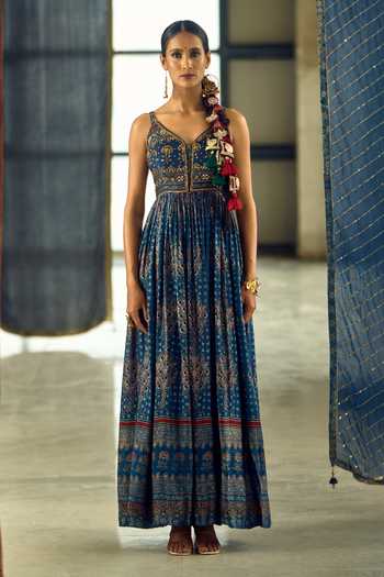 Shop_Samyukta Singhania_Blue Satin, Chiffon, Viscose, Modal Tassels Floral Stripe Print Anarkali Set _Online_at_Aza_Fashions