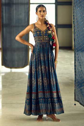 Buy_Samyukta Singhania_Blue Satin, Chiffon, Viscose, Modal Tassels Floral Stripe Print Anarkali Set 