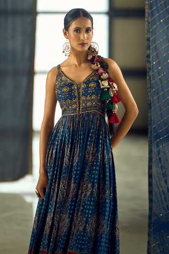 Samyukta Singhania_Blue Satin, Chiffon, Viscose, Modal Tassels Floral Stripe Print Anarkali Set _Online