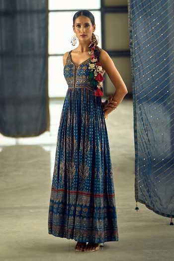 Buy_Samyukta Singhania_Blue Satin, Chiffon, Viscose, Modal Tassels Floral Stripe Print Anarkali Set _Online