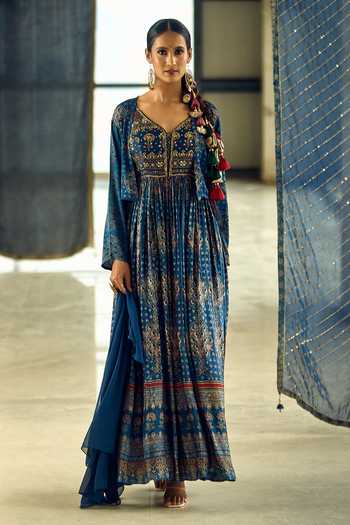 Shop_Samyukta Singhania_Blue Satin, Chiffon, Viscose, Modal Tassels Floral Stripe Print Anarkali Set _Online