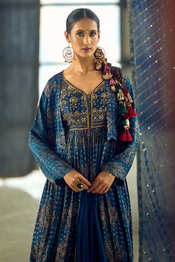 Samyukta Singhania_Blue Satin, Chiffon, Viscose, Modal Tassels Floral Stripe Print Anarkali Set 
