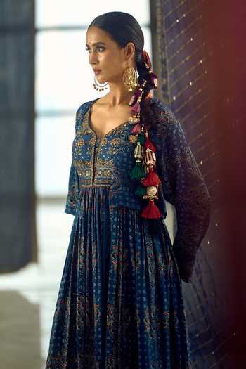 Samyukta Singhania_Blue Satin, Chiffon, Viscose, Modal Tassels Floral Stripe Print Anarkali Set 