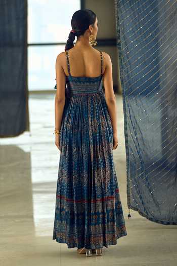 Samyukta Singhania_Blue Satin, Chiffon, Viscose, Modal Tassels Floral Stripe Print Anarkali Set 