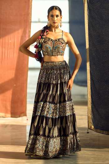 Buy_Samyukta Singhania_Black Satin, Viscose, Modal, Printed Satin-chinon Lehenga Set With Blouse _Online_at_Aza_Fashions