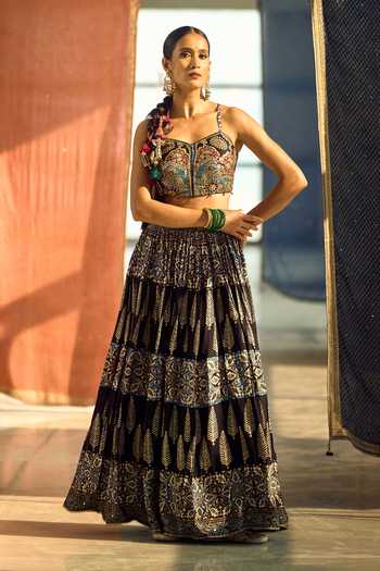 Samyukta Singhania_Black Satin, Viscose, Modal, Printed Satin-chinon Lehenga Set With Blouse _at_Aza_Fashions
