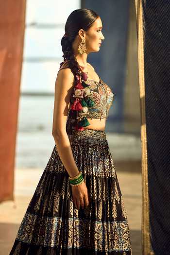 Samyukta Singhania_Black Satin, Viscose, Modal, Printed Satin-chinon Lehenga Set With Blouse _Online