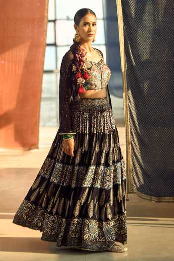 Shop_Samyukta Singhania_Black Satin, Viscose, Modal, Printed Satin-chinon Lehenga Set With Blouse _Online