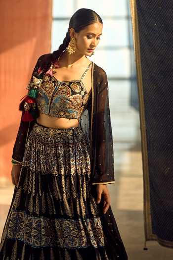 Samyukta Singhania_Black Satin, Viscose, Modal, Printed Satin-chinon Lehenga Set With Blouse 