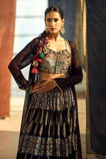 Samyukta Singhania_Black Satin, Viscose, Modal, Printed Satin-chinon Lehenga Set With Blouse 