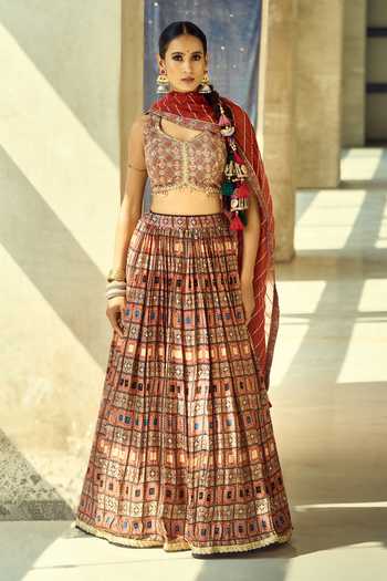 Buy_Samyukta Singhania_Maroon Organza, Satin, Viscose, Modal Tassels, Sequins Printed Lehenga Set _at_Aza_Fashions
