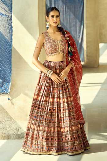 Samyukta Singhania_Maroon Organza, Satin, Viscose, Modal Tassels, Sequins Printed Lehenga Set _Online_at_Aza_Fashions
