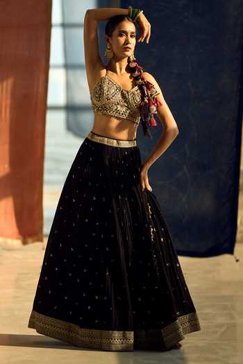 Samyukta Singhania_Black Satin, Viscose, Modal, Chinon Zari, Sequins, Embroidered Lehenga Set _Online_at_Aza_Fashions