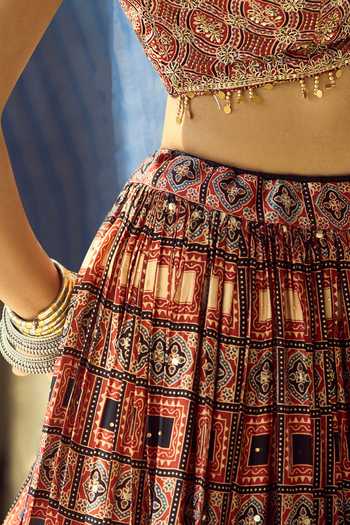 Samyukta Singhania_Maroon Organza, Satin, Viscose, Modal Tassels, Sequins Printed Lehenga Set _at_Aza_Fashions