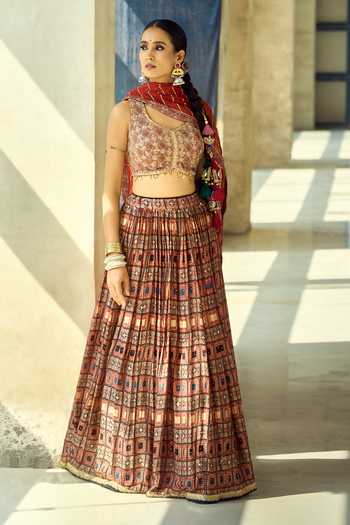 Shop_Samyukta Singhania_Maroon Organza, Satin, Viscose, Modal Tassels, Sequins Printed Lehenga Set 
