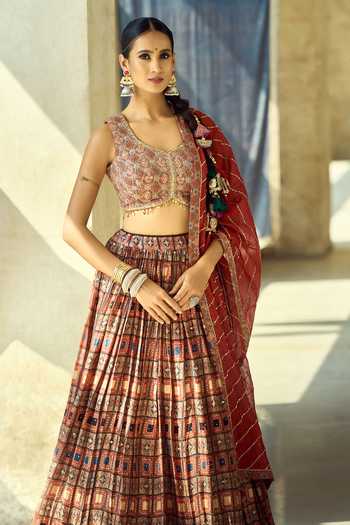 Buy_Samyukta Singhania_Maroon Organza, Satin, Viscose, Modal Tassels, Sequins Printed Lehenga Set _Online