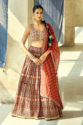 Samyukta Singhania_Maroon Organza, Satin, Viscose, Modal Tassels, Sequins Printed Lehenga Set 