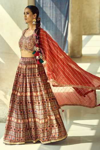 Samyukta Singhania_Maroon Organza, Satin, Viscose, Modal Tassels, Sequins Printed Lehenga Set 