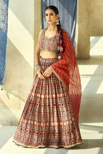 Samyukta Singhania_Maroon Organza, Satin, Viscose, Modal Tassels, Sequins Printed Lehenga Set 