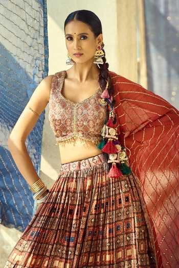 Samyukta Singhania_Maroon Organza, Satin, Viscose, Modal Tassels, Sequins Printed Lehenga Set 