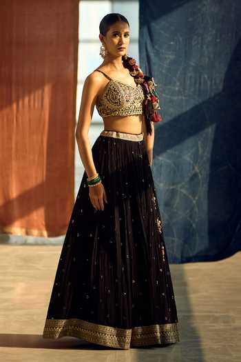 Buy_Samyukta Singhania_Black Satin, Viscose, Modal, Chinon Zari, Sequins, Embroidered Lehenga Set _Online_at_Aza_Fashions