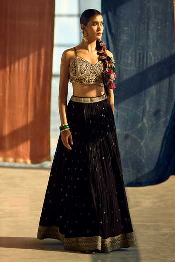 Shop_Samyukta Singhania_Black Satin, Viscose, Modal, Chinon Zari, Sequins, Embroidered Lehenga Set _Online_at_Aza_Fashions