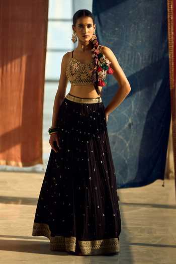 Samyukta Singhania_Black Satin, Viscose, Modal, Chinon Zari, Sequins, Embroidered Lehenga Set _at_Aza_Fashions