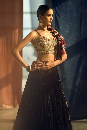 Shop_Samyukta Singhania_Black Satin, Viscose, Modal, Chinon Zari, Sequins, Embroidered Lehenga Set 