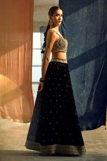 Samyukta Singhania_Black Satin, Viscose, Modal, Chinon Zari, Sequins, Embroidered Lehenga Set _Online