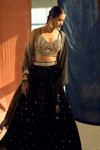 Samyukta Singhania_Black Satin, Viscose, Modal, Chinon Zari, Sequins, Embroidered Lehenga Set 