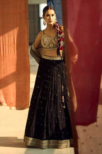 Samyukta Singhania_Black Satin, Viscose, Modal, Chinon Zari, Sequins, Embroidered Lehenga Set 