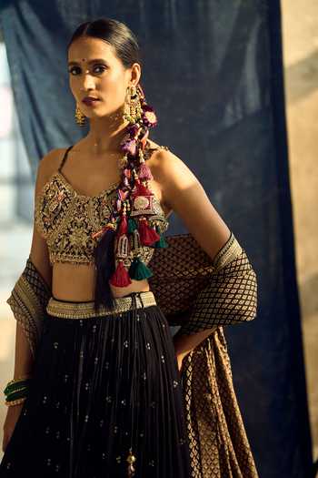 Samyukta Singhania_Black Satin, Viscose, Modal, Chinon Zari, Sequins, Embroidered Lehenga Set 