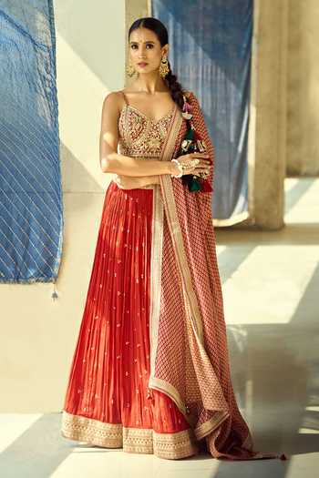Samyukta Singhania_Gold Satin, Viscose, Modal, Chinon Embroidery, Zari, Gota Thread Lehenga Set _Online_at_Aza_Fashions