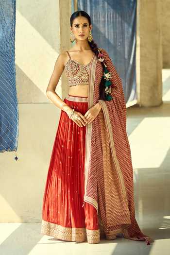 Samyukta Singhania_Gold Satin, Viscose, Modal, Chinon Embroidery, Zari, Gota Thread Lehenga Set _at_Aza_Fashions