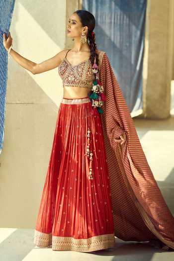 Shop_Samyukta Singhania_Gold Satin, Viscose, Modal, Chinon Embroidery, Zari, Gota Thread Lehenga Set 