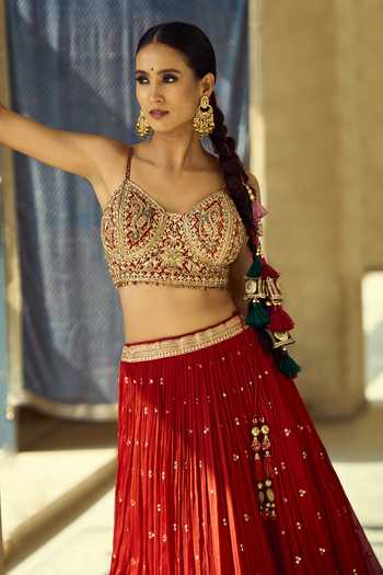Shop_Samyukta Singhania_Gold Satin, Viscose, Modal, Chinon Embroidery, Zari, Gota Thread Lehenga Set _Online