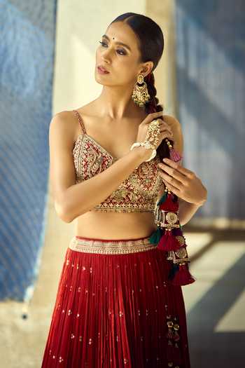 Samyukta Singhania_Gold Satin, Viscose, Modal, Chinon Embroidery, Zari, Gota Thread Lehenga Set 
