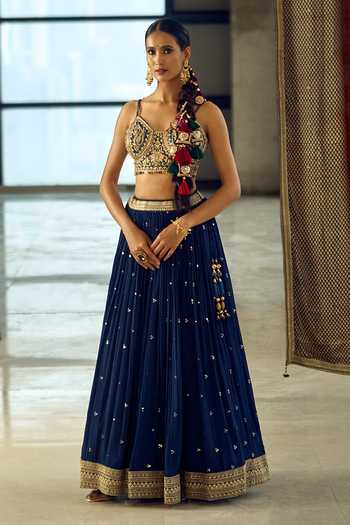 Buy_Samyukta Singhania_Blue Satin, Viscose, Embroidered Chinon Lehenga Set With Choli And Dupatta _Online_at_Aza_Fashions