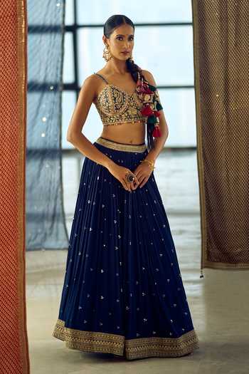 Shop_Samyukta Singhania_Blue Satin, Viscose, Embroidered Chinon Lehenga Set With Choli And Dupatta _Online_at_Aza_Fashions