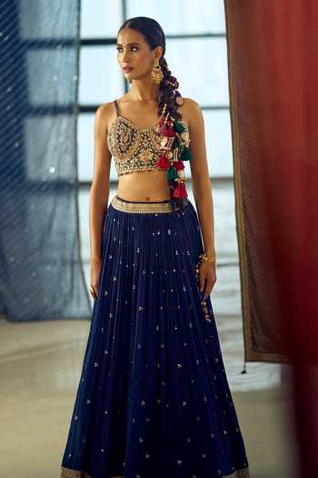 Samyukta Singhania_Blue Satin, Viscose, Embroidered Chinon Lehenga Set With Choli And Dupatta _at_Aza_Fashions